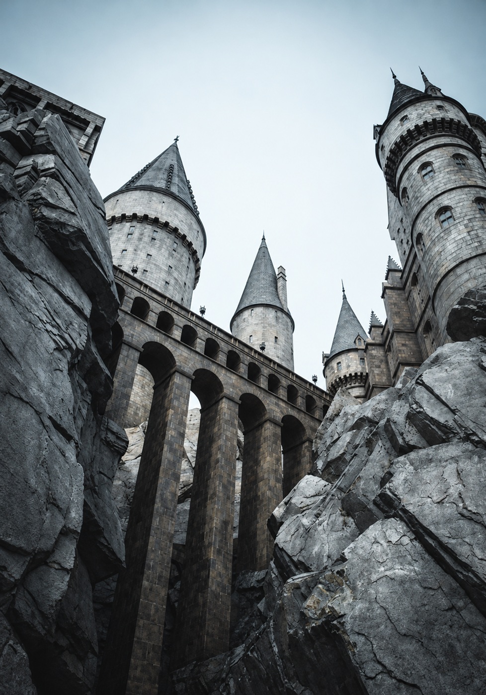 Stone castle towers rising above an arched bridge